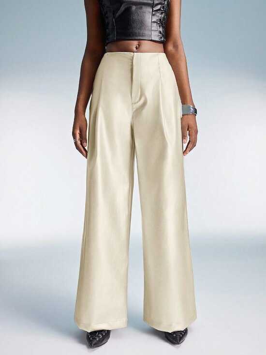 MODA ME COUTURE Pants - Beige Casual Women's Waist Cinched Wide Leg Straight Pants